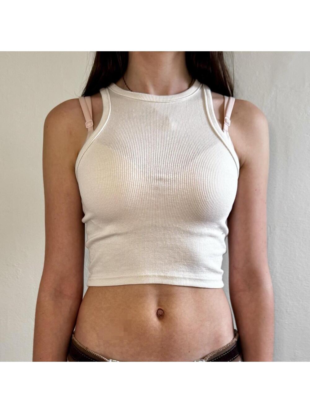 H&M Ivory Ribbed Cropped Tank Top Cotton Blend racer back size XS